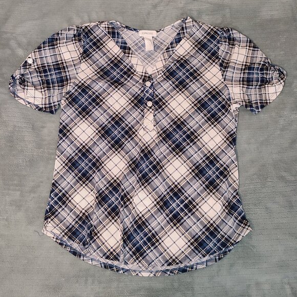 Espresso Business Casual Comfy Shirt Short Sleeve Buttons Plaid Pattern Stretchy - Picture 1 of 10